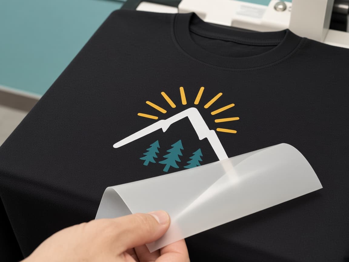 Transferfolie wird nach dem Pressen vom T-Shirt abgezogen